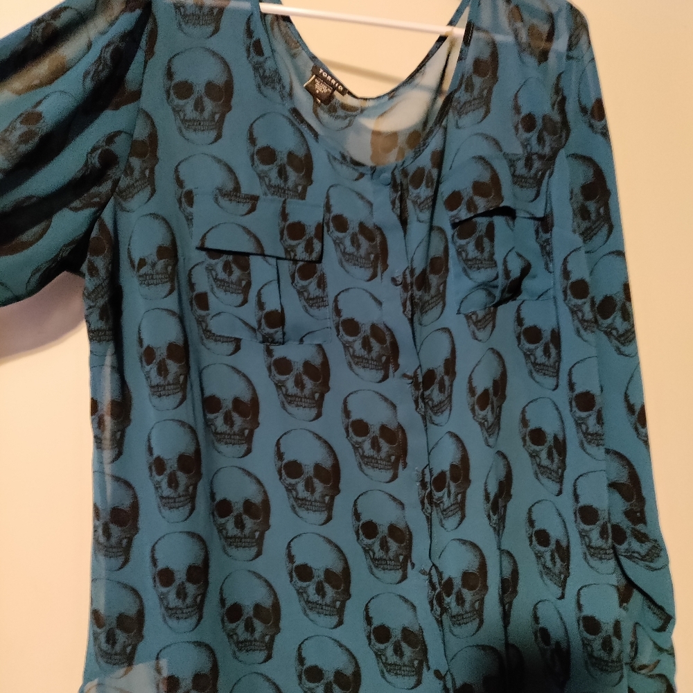 Torrid Long Sleeve Blue Sheer Skull Top